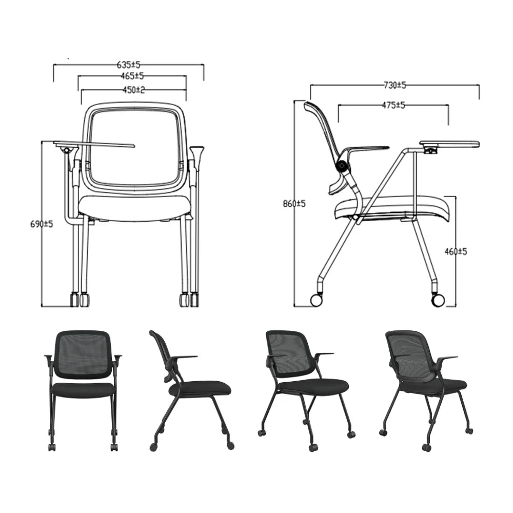 KEM041-WP Veloce 後翻扶手會議椅連寫字板可疊放培訓椅