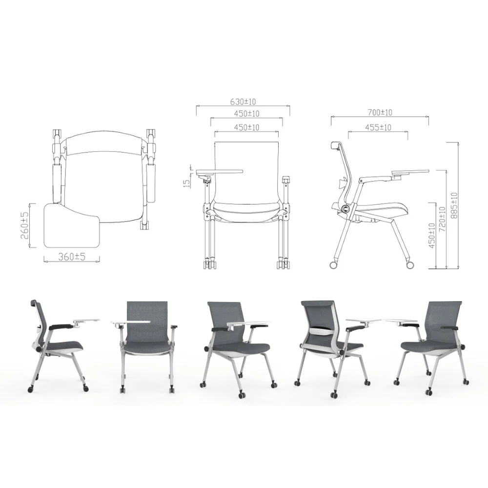KH520L Aero Stackable Training Chair with Wheels and Writing Board