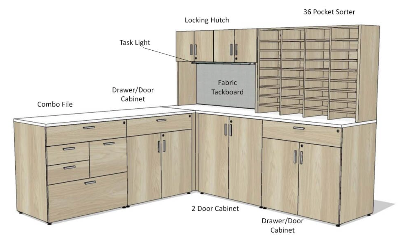 WC015 Custom L-Shaped Counter Height Workstation with Hutch and 36-Pocket Mail Sorter