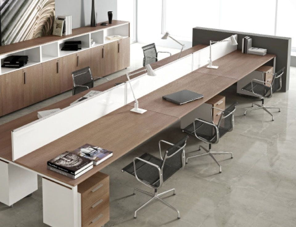 WD3000 Livo Double/4/6-person workbench with movable cabinet and table screen | Modular Team Workstation