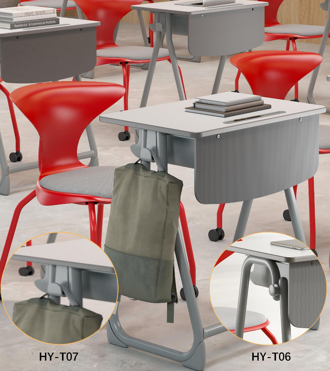 KH-BELL Silver-Gray Steel Frame Student Desk｜Grey Desk and Chair Set for Students