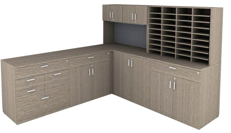 WC015 Custom L-Shaped Counter Height Workstation with Hutch and 36-Pocket Mail Sorter