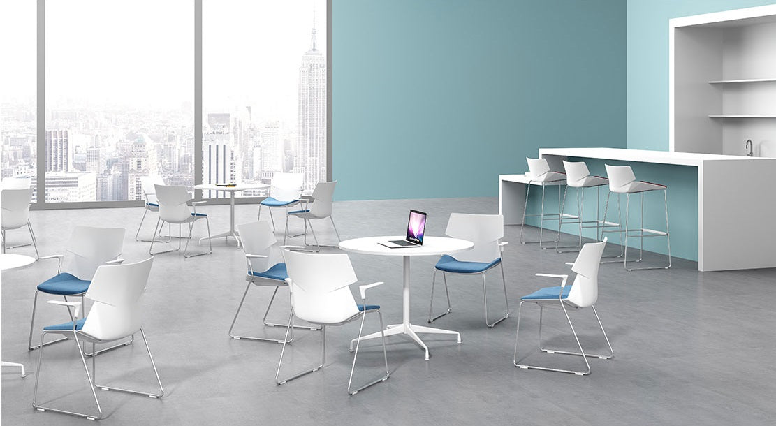 KH-346A Turbo Sliding Foot White Rack Blue Pad Training Stacking Chair